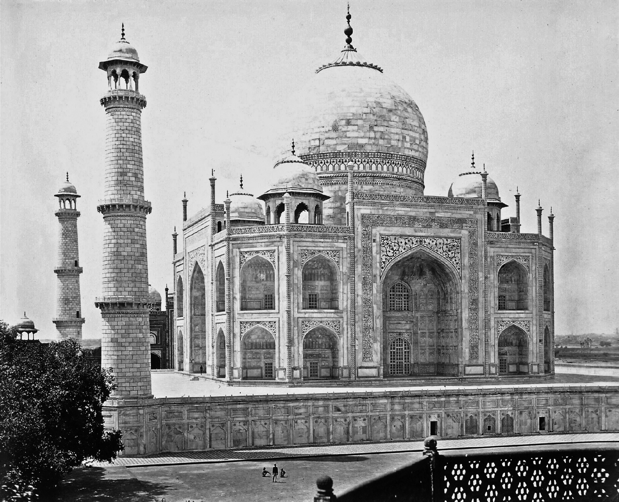 Albumen photograph from the 1860s by Samuel Bourne showing the Taj Mahal at Agra from the east.
