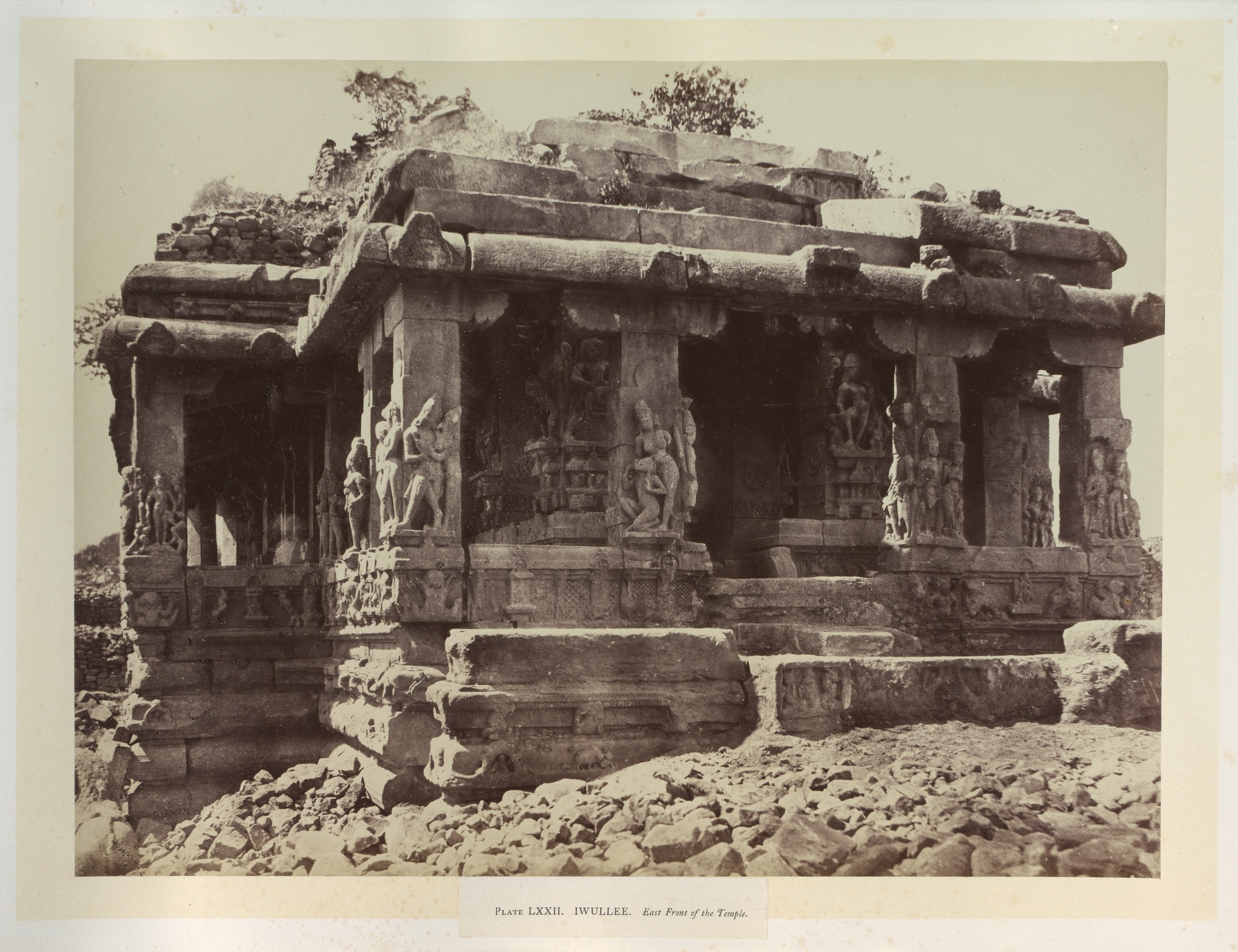 Albumen photograph from 1855 by Thomas Biggs showing the east front of the Durga Temple at Aihole.