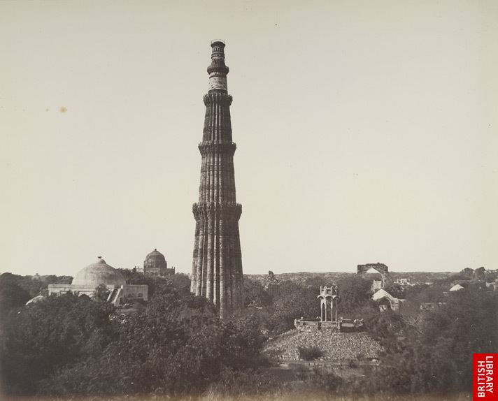 Albumen photograph from 1858 by Robert and Harriet Tytler showing a distant view of the Qutb Minar near Delhi.