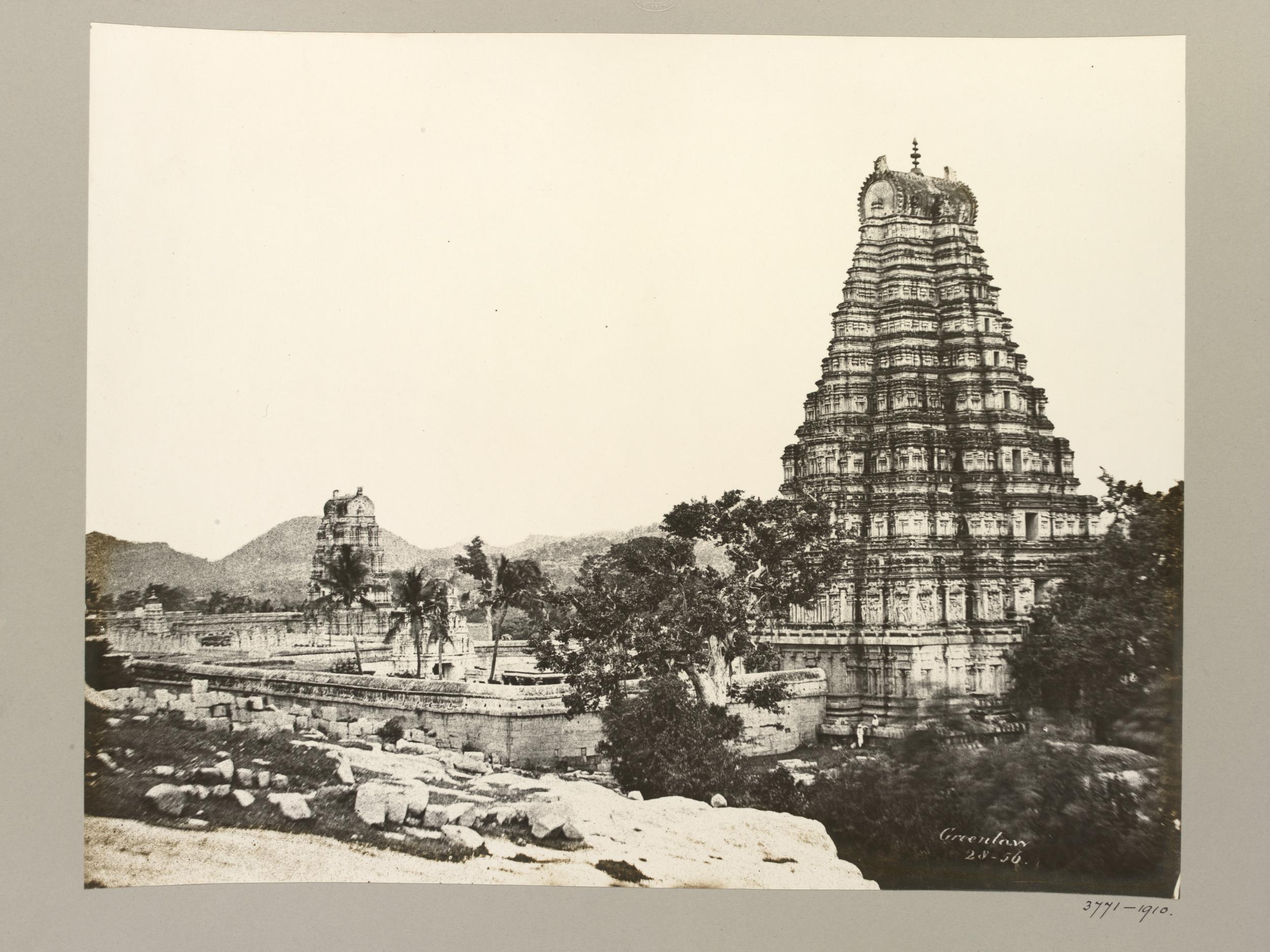 Photograph from 1856 by Alexander John Greenlaw showing the Virupaksha Temple complex at Hampi.