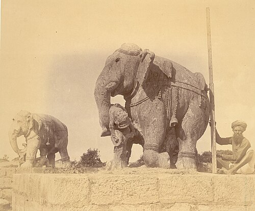 Photograph from about 1890 showing a stone elephant at the elephant gateway of the Konark Sun Temple.