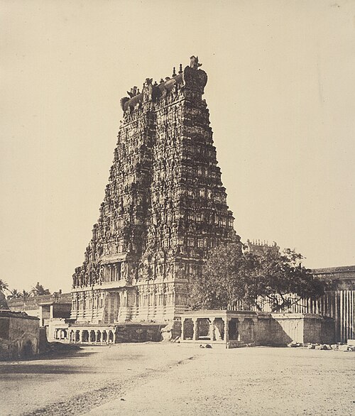 Albumen photograph from 1858 by Linnaeus Tripe showing the east gopuram of the Meenakshi Temple in Madurai.