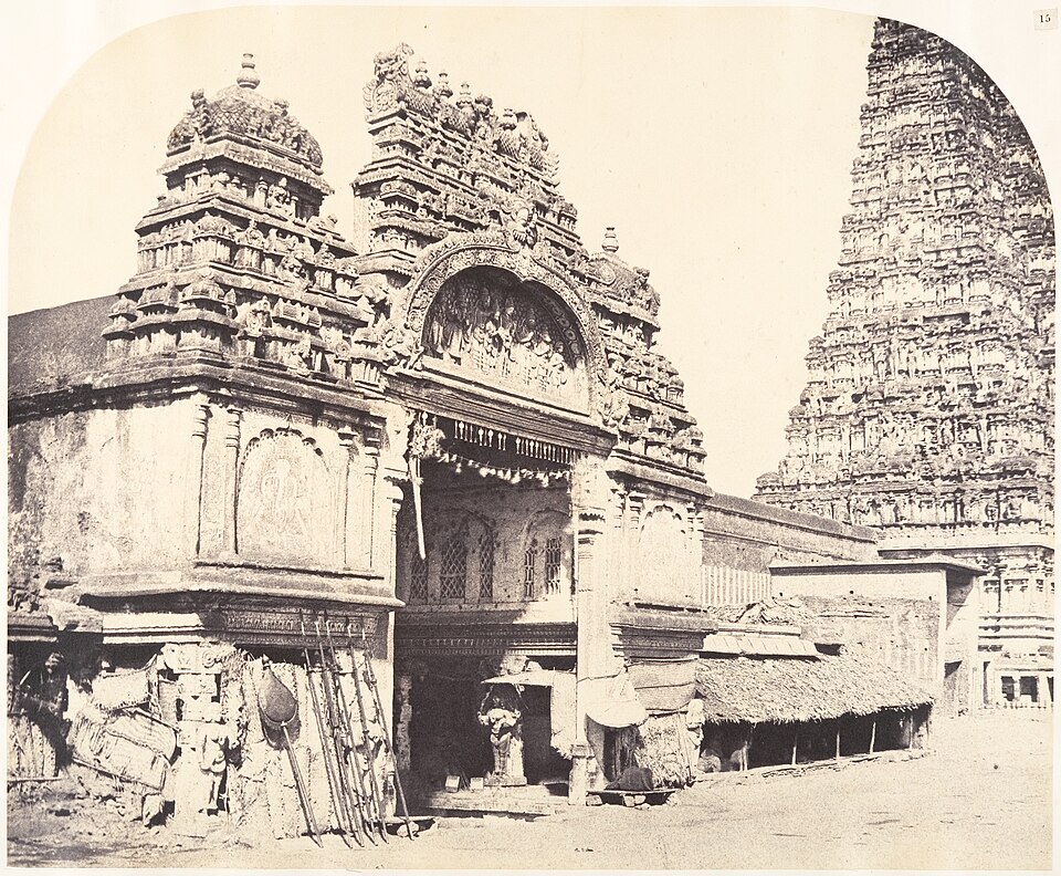 Albumen photograph from 1858 by Linnaeus Tripe showing the entrance to the Meenakshi Temple in Madurai.