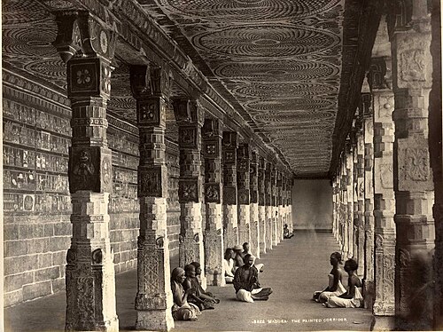 Albumen photograph from about 1880 showing a painted pillared corridor in the Meenakshi Temple at Madurai.