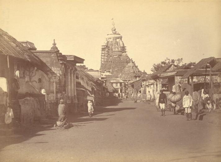 Photograph from about 1892 showing the Jagannath Temple at Puri from the east, with a bazaar in the foreground.