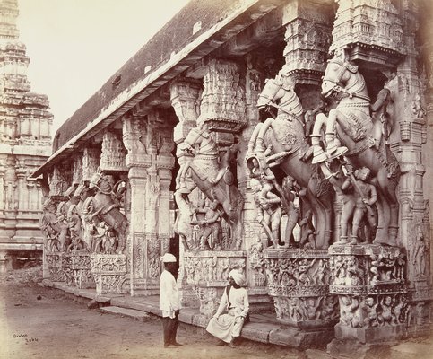 Photograph from 1869 by Samuel Bourne of the Vishnu temple at Srirangam, titled with the colonial name Trichinopoly.