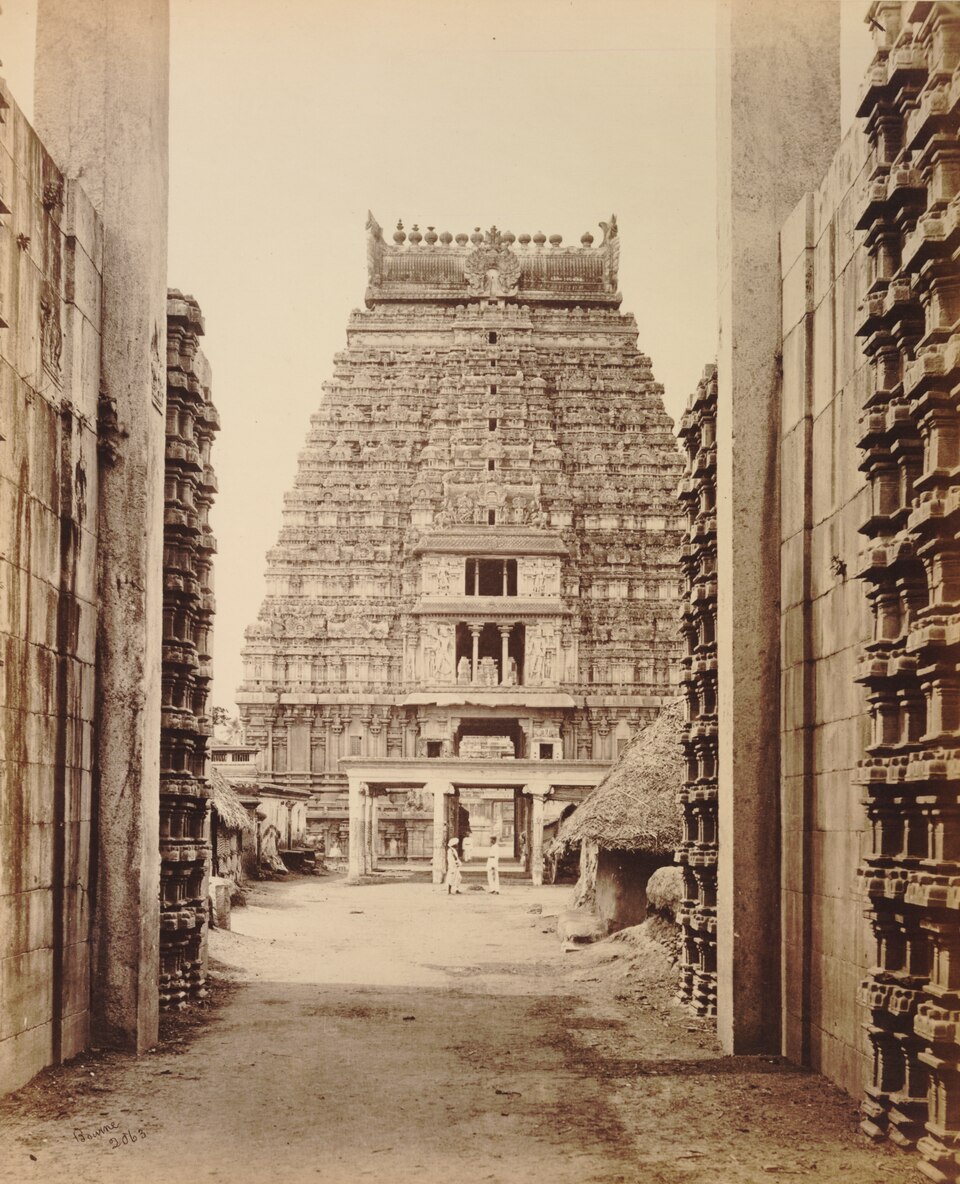 Photograph from about 1870 by Samuel Bourne showing a gopura of the Ranganathaswamy Temple at Srirangam.