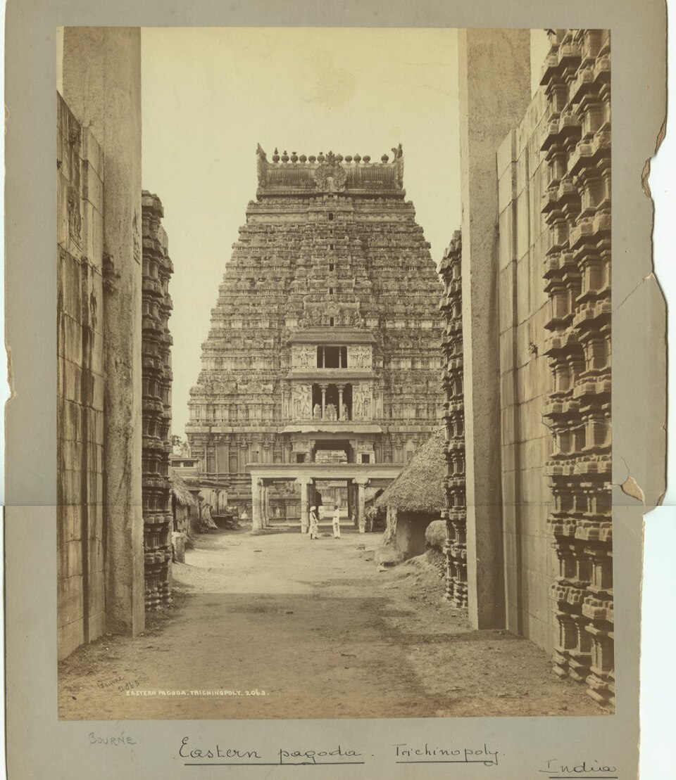 Photograph from about 1880 by Bourne showing a temple tower, titled Eastern pagoda, Trichinopoly.