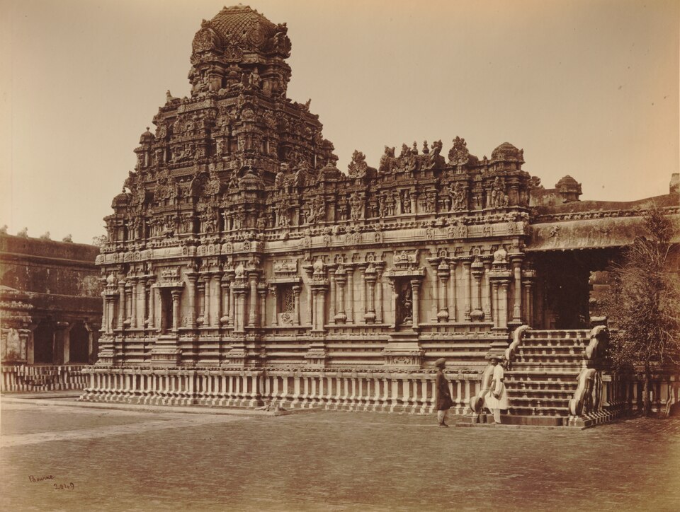 Photograph from 1869 by Samuel Bourne showing the Subrahmanya shrine in the Brihadisvara temple complex at Thanjavur.